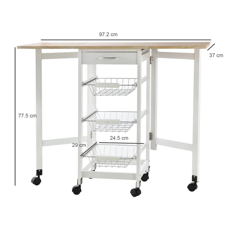 Drop-Leaf Kitchen Cart Trolley with 3 Baskets & Drawer - Rolling Storage Unit on 6 Wheels - White Oak Tone