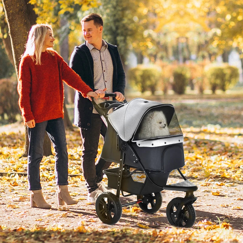 Foldable 3-Wheel Pet Stroller with Sky Roof for Small Dogs and Cats Red