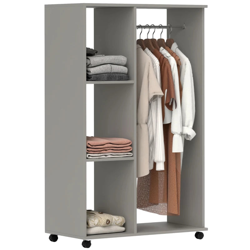 Mobile Open Wardrobe with Clothes Hanging Rail and Storage Shelves for Bedroom or Hallway Grey
