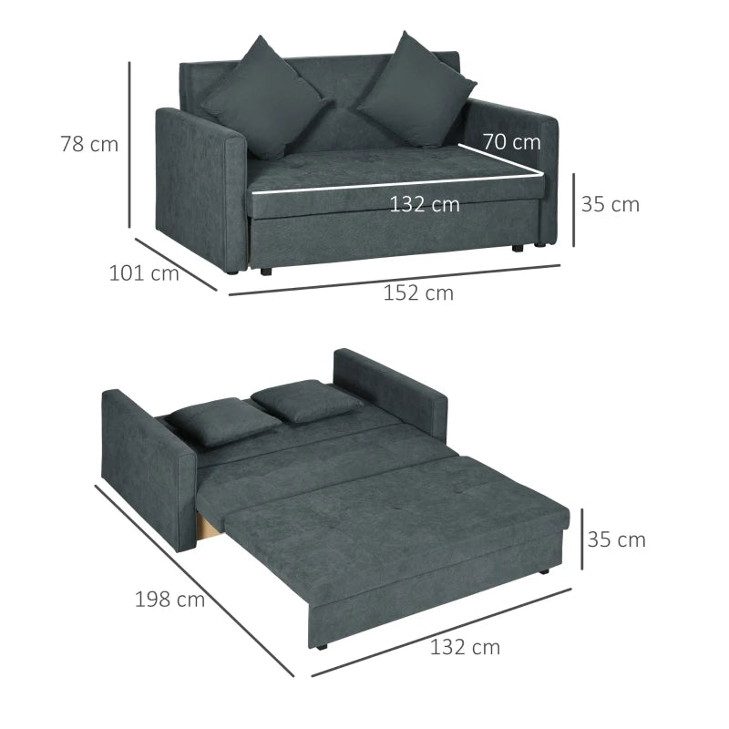 Modern 2 Seater Sofa Bed with Hidden Storage, Cotton Loveseat Couch and Cushions for Living Room, Dark Grey
