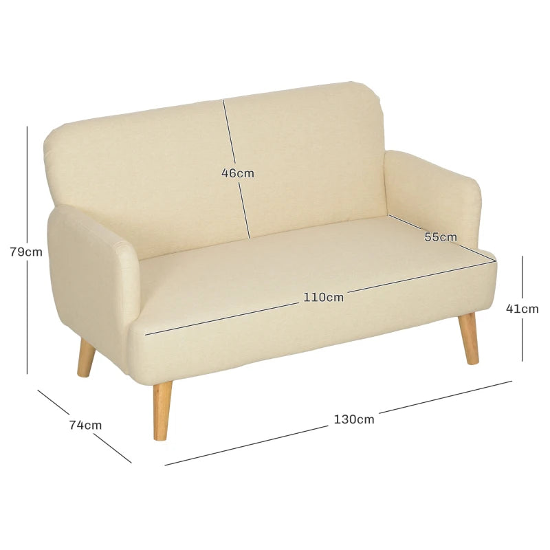 Velvet Feel Fabric 2 Seater Sofa - Small Loveseat with Thick Padding and Wooden Legs in Cream White