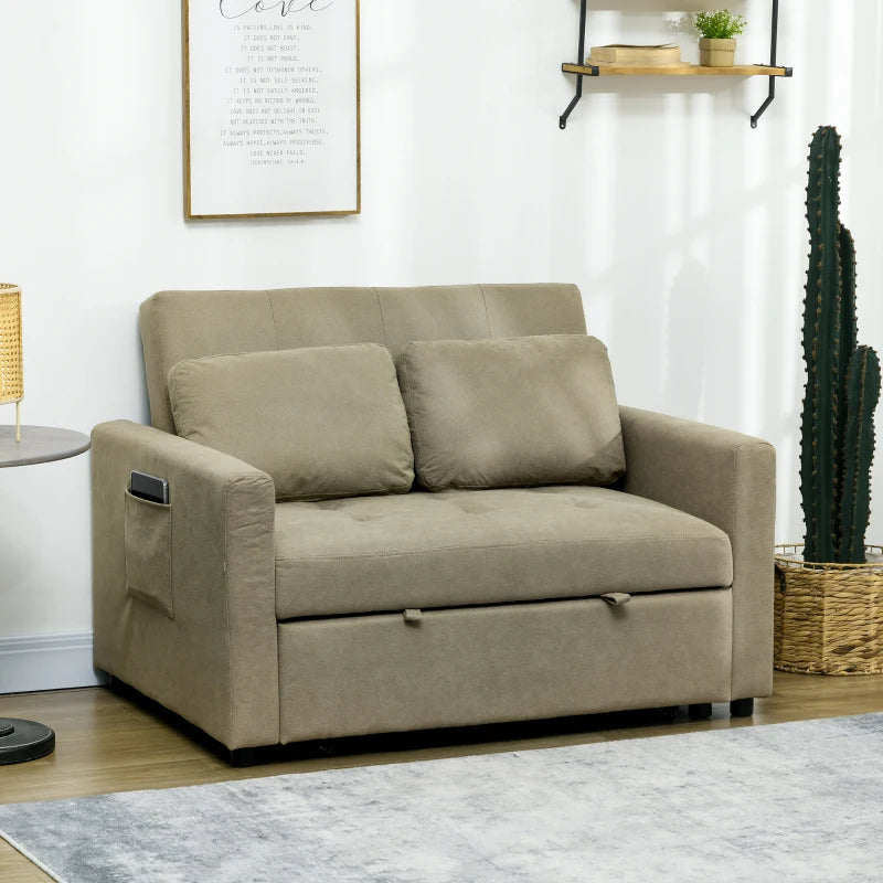Light Brown Loveseat Sofa Bed with Cushions and Side Pockets for Living Room