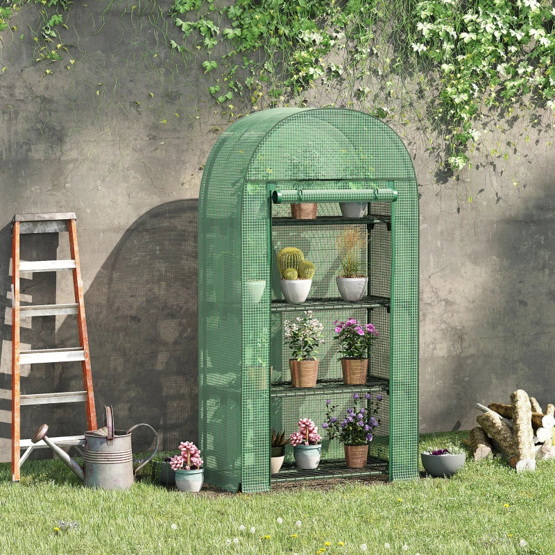 Portable Green Plant Greenhouse with Storage Shelf, Metal Frame, and Zippered Door - Green