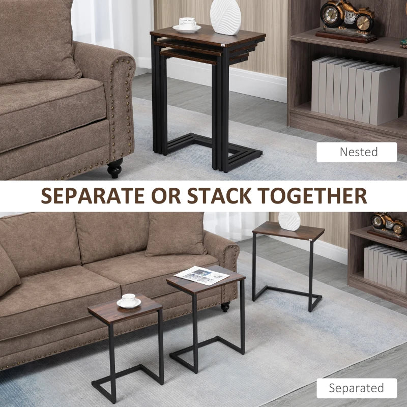 Nesting Side Tables Set of 3 C-Shaped Snack Tables with Steel Frame for Sofa Couch and Bed Rustic Brown