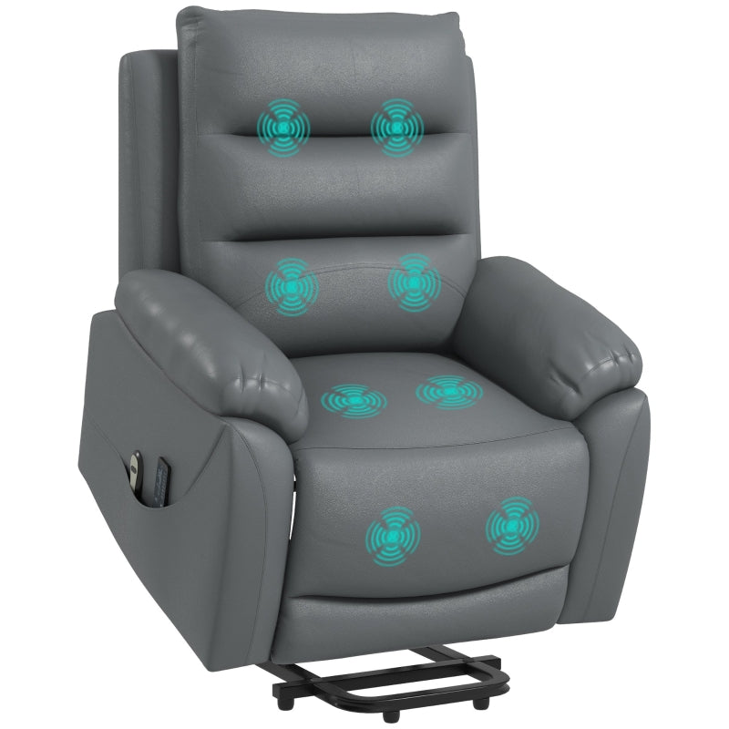 Electric Riser Recliner Chair for Elderly with 8 Vibration Massage, PU Leather, Side Pockets, Footrest, Grey