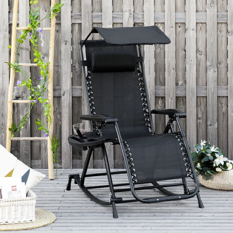 Black Folding Rocking Sun Lounger with Headrest & Side Holder