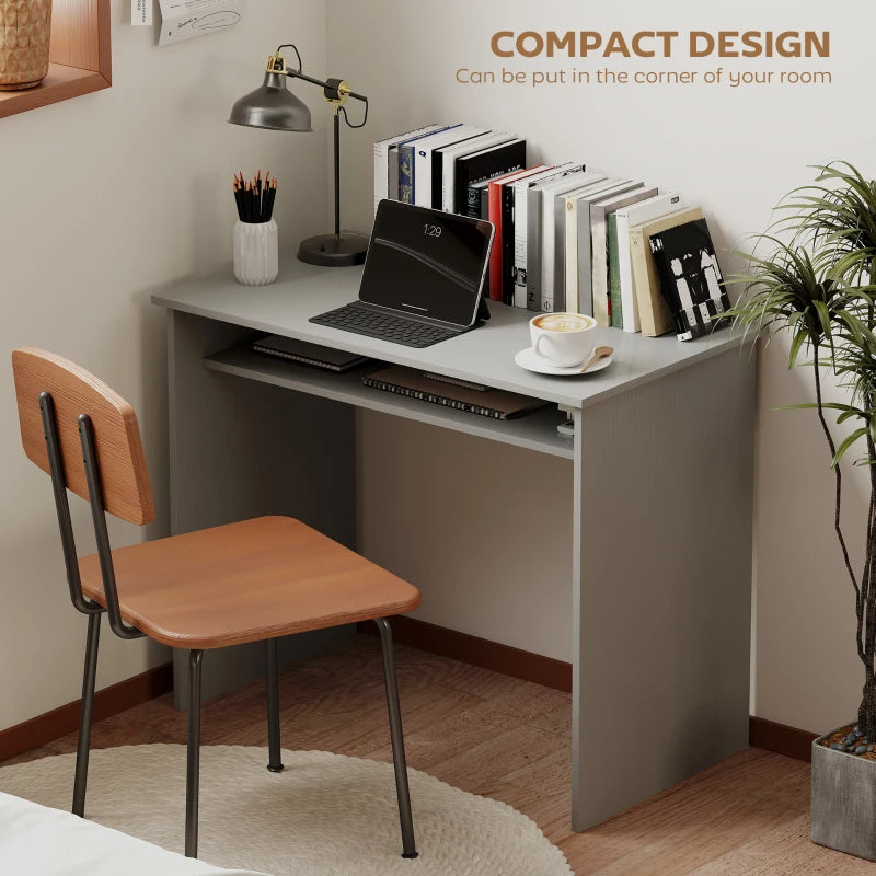 Modern Grey Computer Desk for Home Office - Small Writing Table with Storage Shelf, 90x50cm, Stylish & Functional