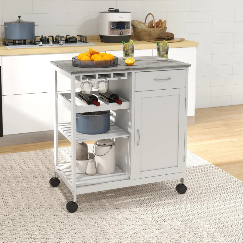 Compact Kitchen Trolley Utility Cart on Wheels with Wine Rack, Drawer & Storage Cabinet - White Dining Room Organizer