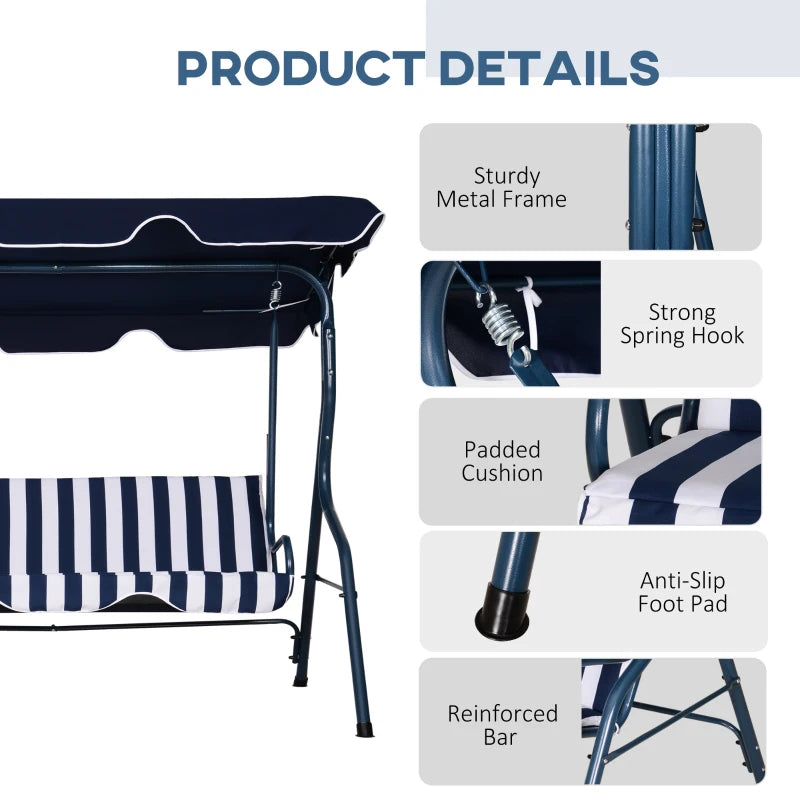 Blue Striped 3-Seater Outdoor Swing Chair with Adjustable Canopy
