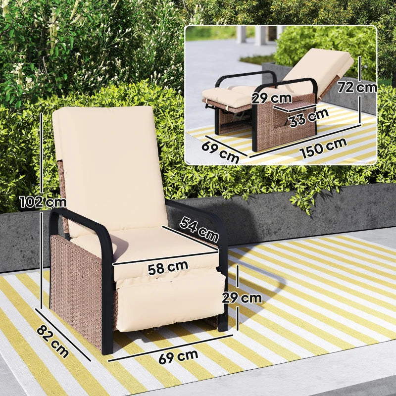 140° Reclining Rattan Armchair - Brown and Khaki Outdoor Lounge Chair for Comfort