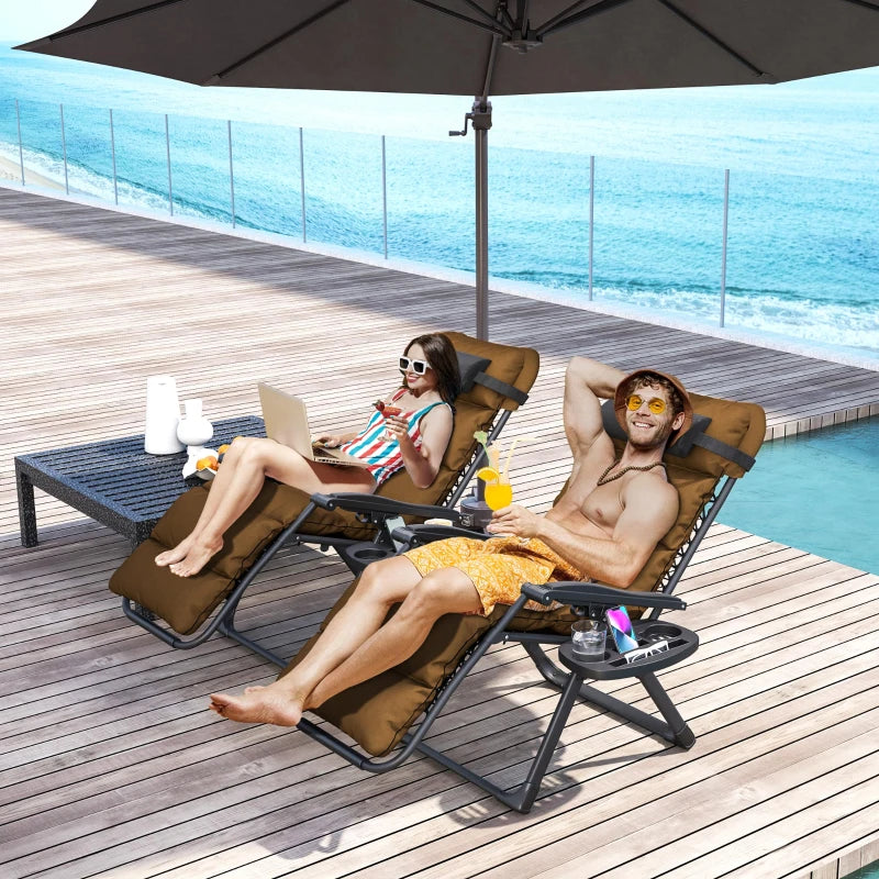 Set of Two Brown Reclining Sun Loungers with Cushions - Outdoor Patio Furniture
