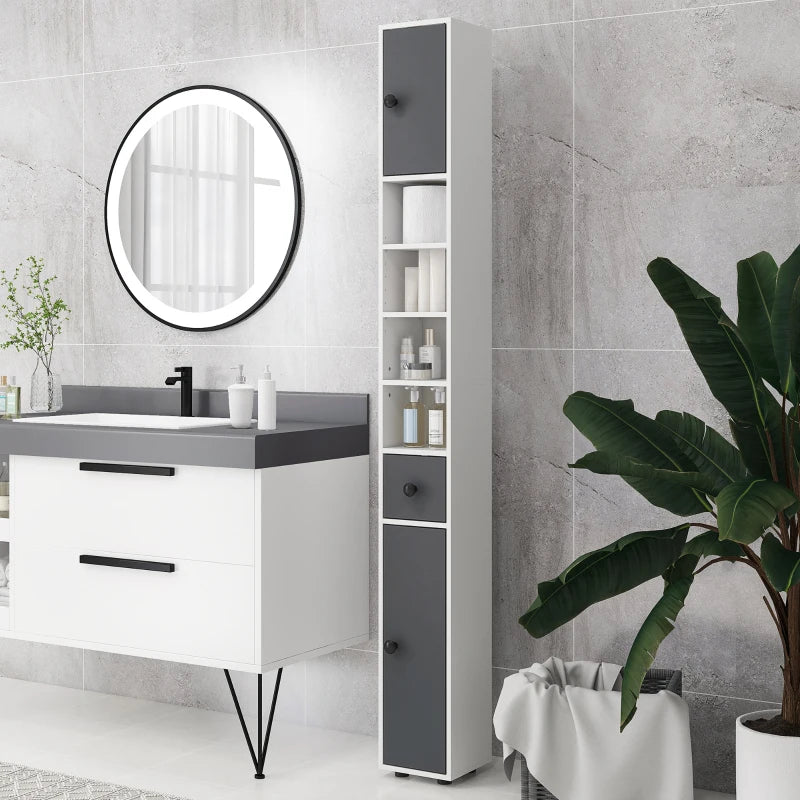 180cm Slim Bathroom Cabinet with Drawer Shelves and Cupboards in Grey