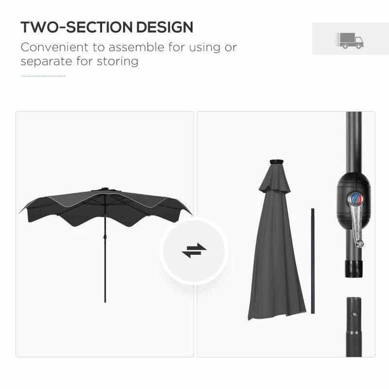 Dark Grey Solar LED Patio Umbrella, 3x3m, Tilt & Crank, Outdoor Market Parasol