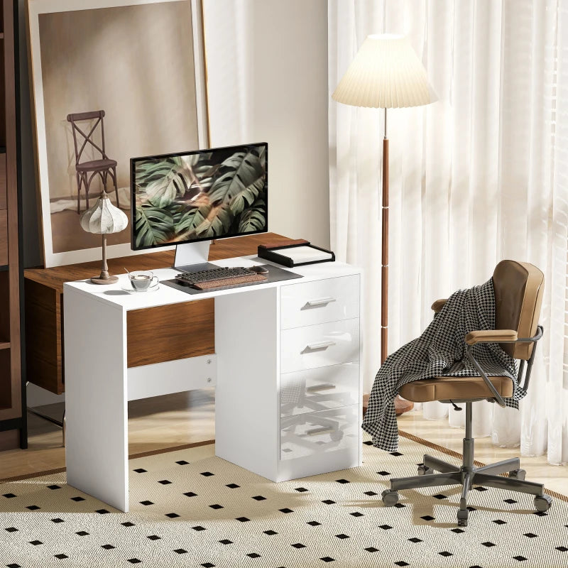 Modern White Computer Desk with Drawers - High Gloss Home Office Writing Workstation & Stylish Dressing Table
