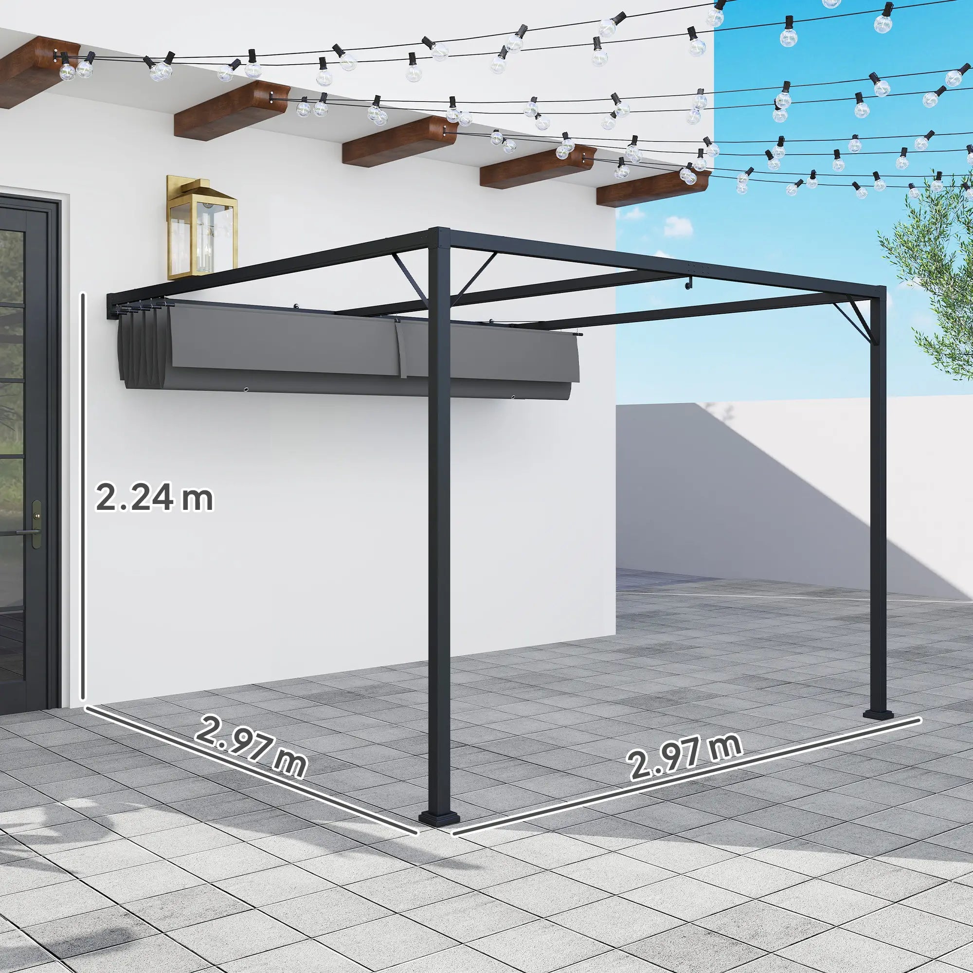 3m x 3m Grey Lean-To Pergola with Retractable Canopy