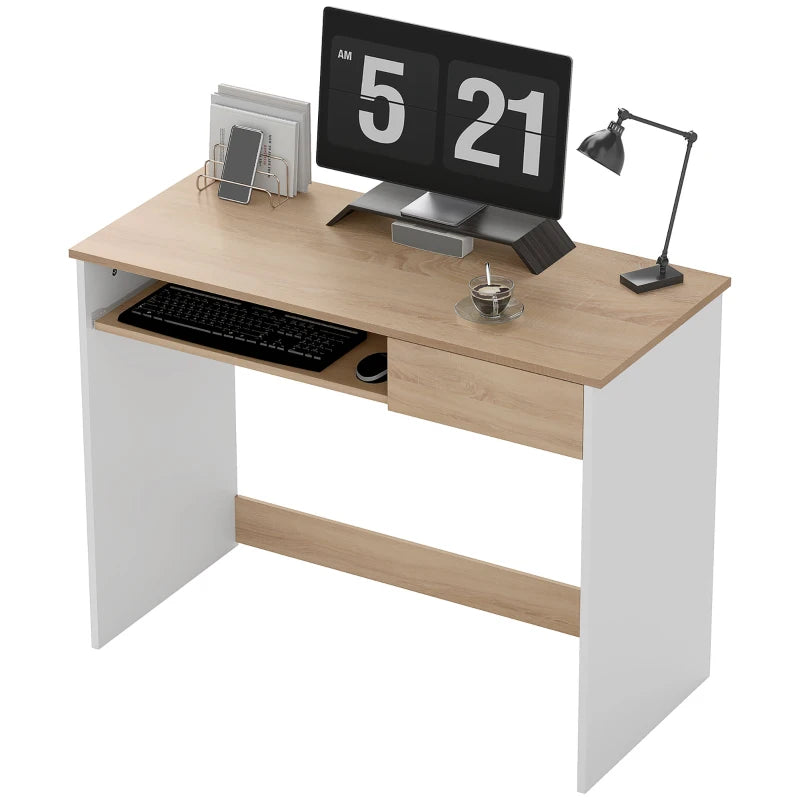 100cm Compact Oak Computer Desk with Keyboard Tray & Drawer - Ideal Home Office & Bedroom Study Furniture