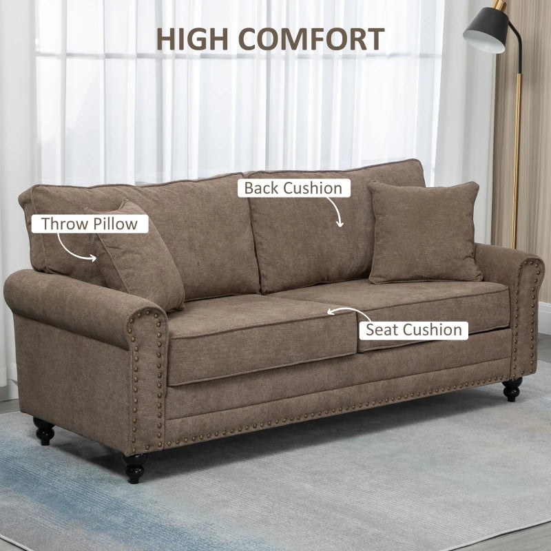 Stylish 3 Seater Fabric Sofa with Rubber Wood Legs and Extra Cushions for Living Room, Brown, 196W x 80.5D x 89H cm