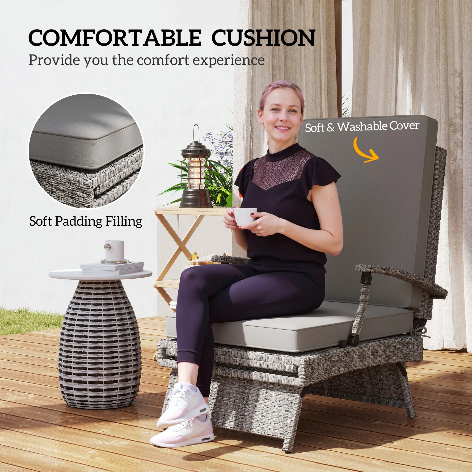 80° Reclining Rattan Lounger With Padded Cushions - Grey
