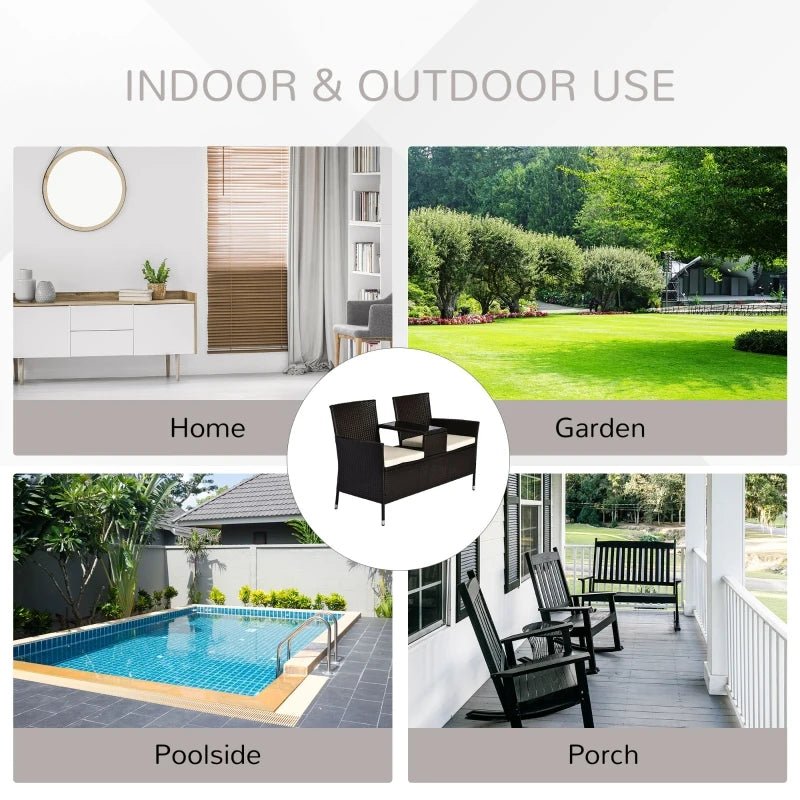 Dark Brown Rattan 2-Seater Outdoor Patio Loveseat with Drink Table