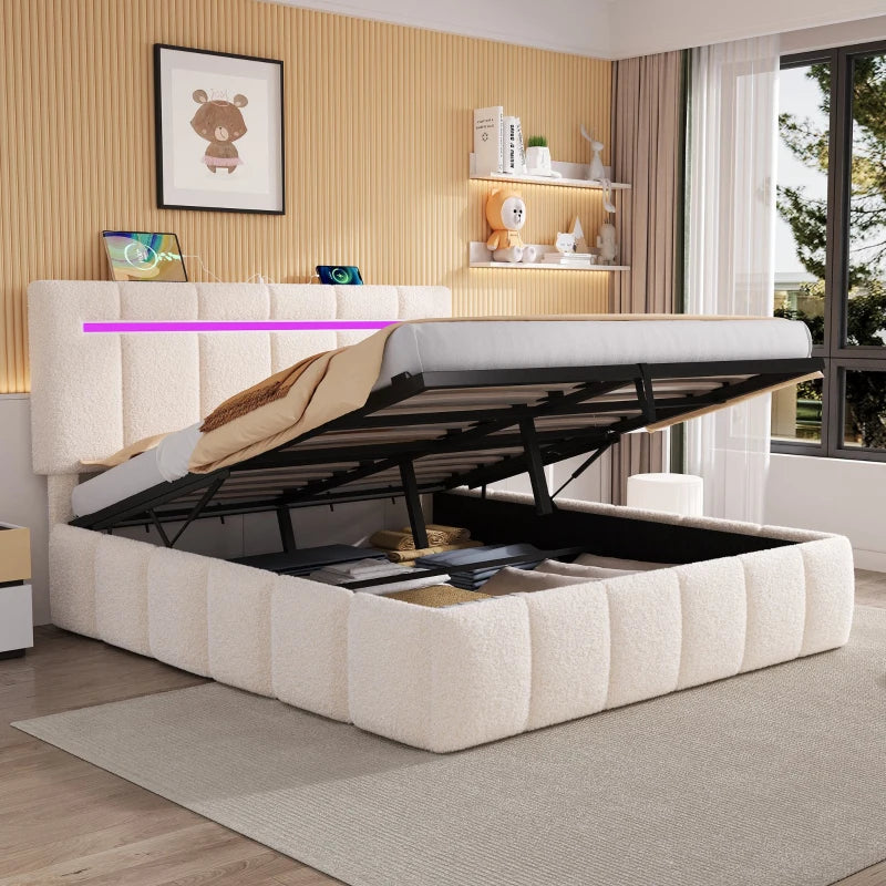 Double Upholstered Bed Frame with Hydraulic Storage and LED Headboard for Modern Bedrooms