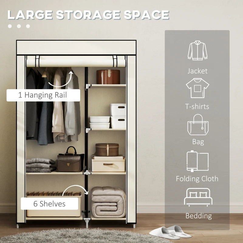 Portable Fabric Wardrobe with 6 Shelves and Hanging Rail Cream White 103x43x162.5 cm