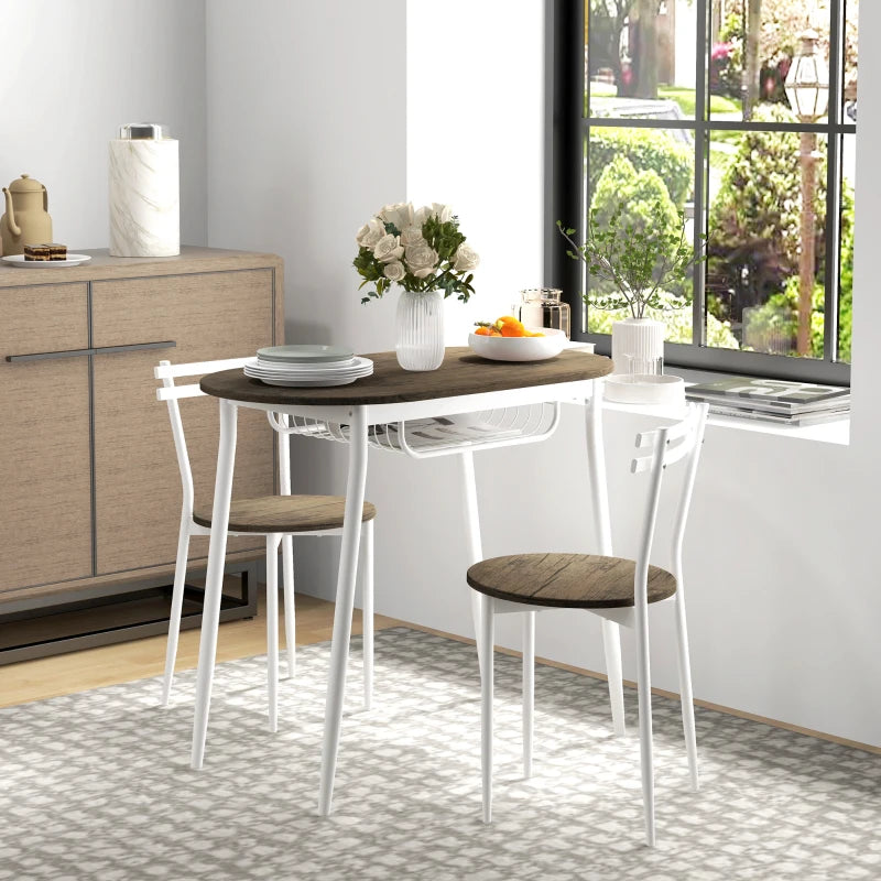3-Piece Oval Dining Table Set with 2 Chairs & Wire Storage Shelf - Natural Steel Frame Kitchen Furniture