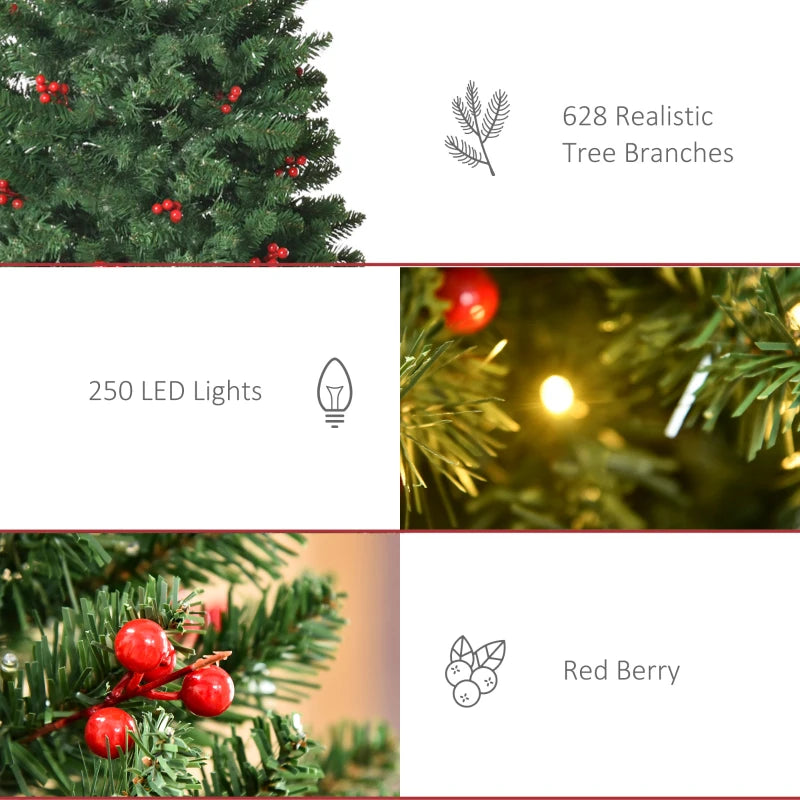 6FT Prelit Artificial Pencil Christmas Tree with Warm White LED Lights & Red Berries - Festive Holiday Home Decoration