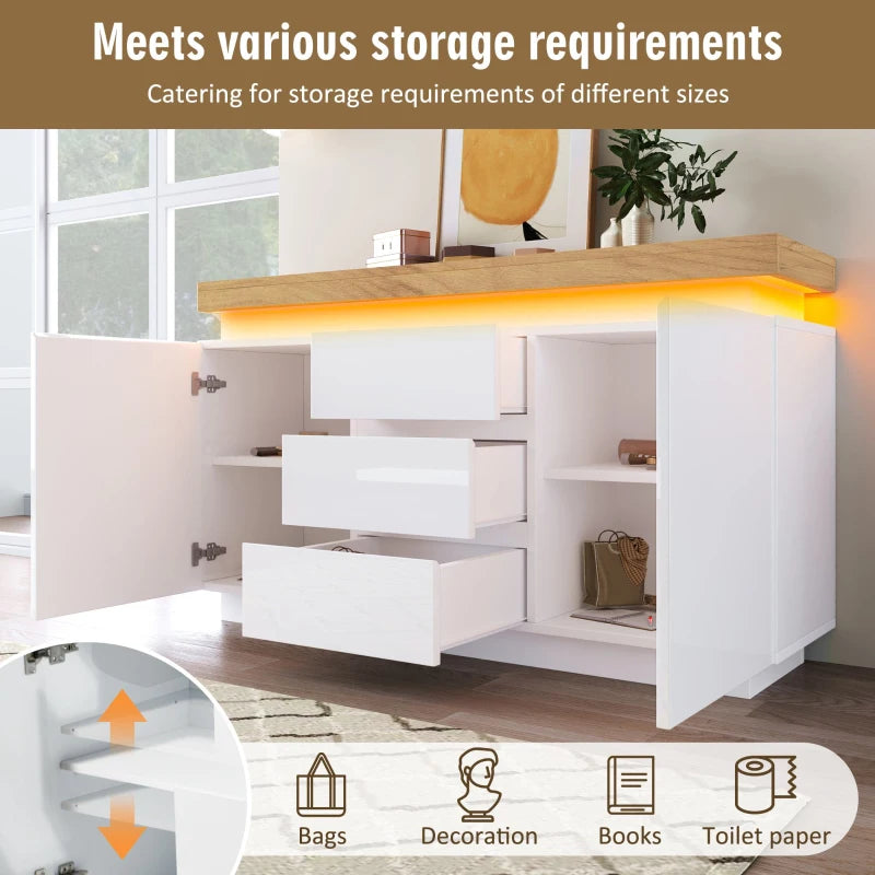 High-Gloss White Chest of Drawers with LED Lighting - 2 Doors & 3 Drawers Sideboard Cabinet, 140x39x81 cm
