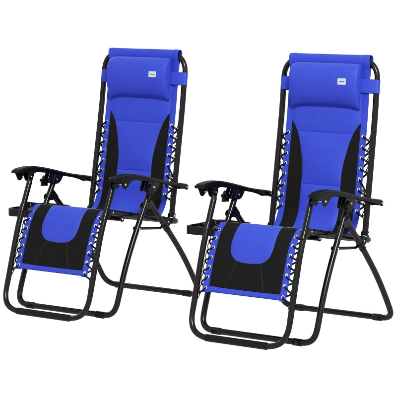 Blue Sun Lounger Chair Set of 2 - Folding Reclining Patio Chairs with Padded Seat, Cup Holder