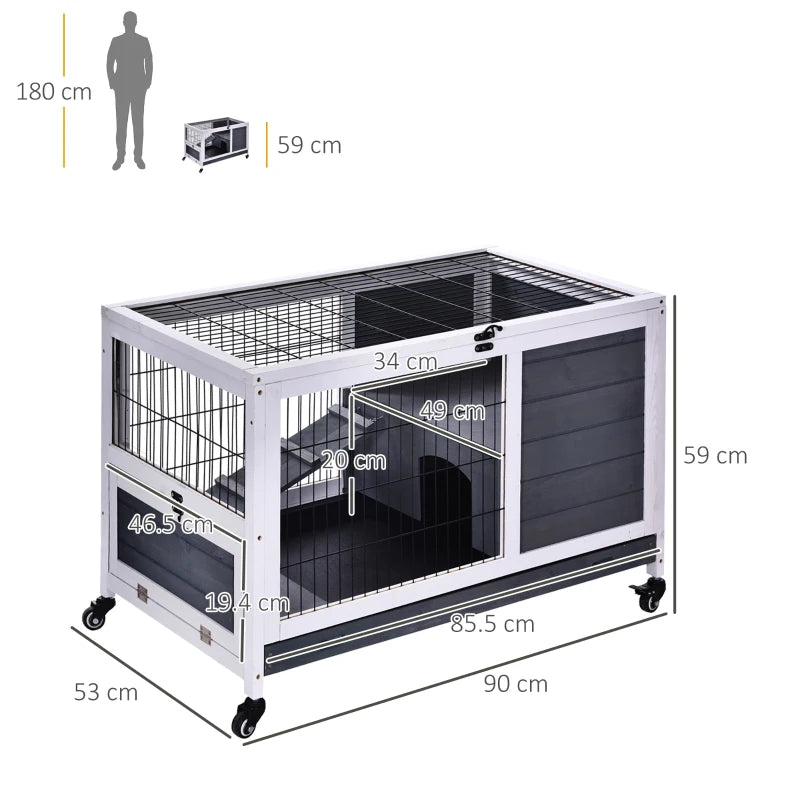Wooden Guinea Pig Hutch & 2-Floor Bunny Cage with Enclosed Run Area - Stylish Grey Pet Home