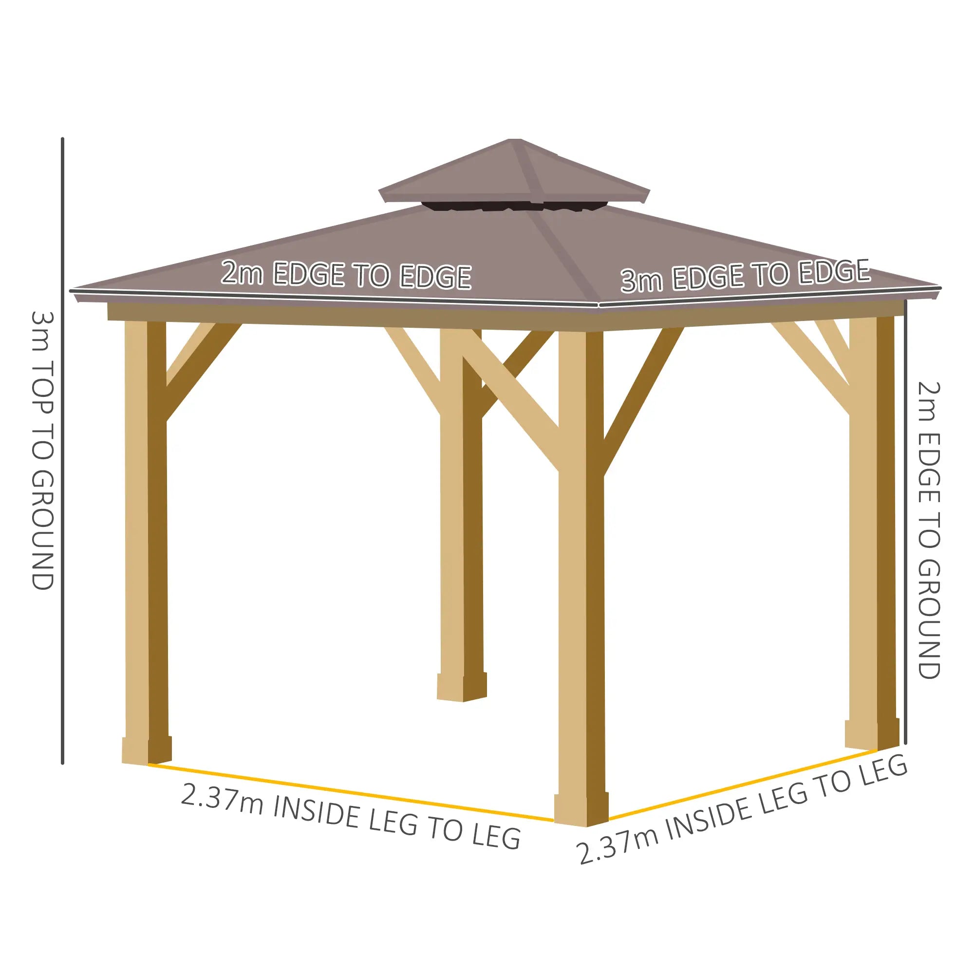 Brown 3m x 3m Hard Top Gazebo With 2-Tier Roof and Solid Wood Frame