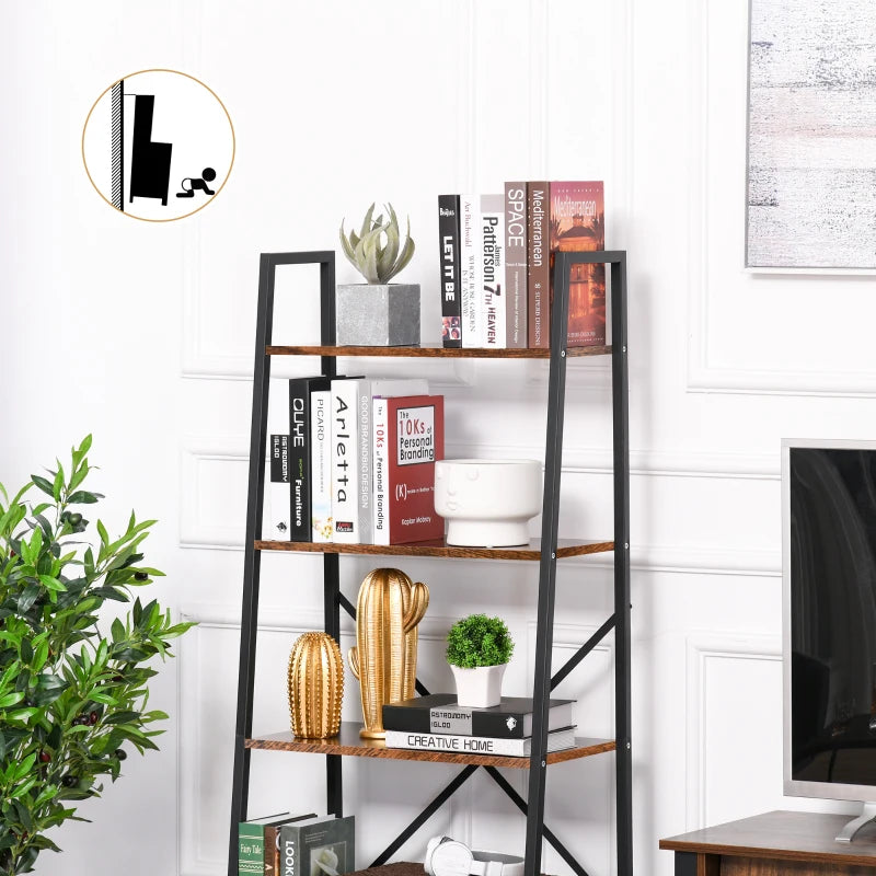 4-Tier Industrial Ladder Shelf - Rustic Brown & Black Bookshelf for Living Room, Bedroom, Kitchen Storage Rack