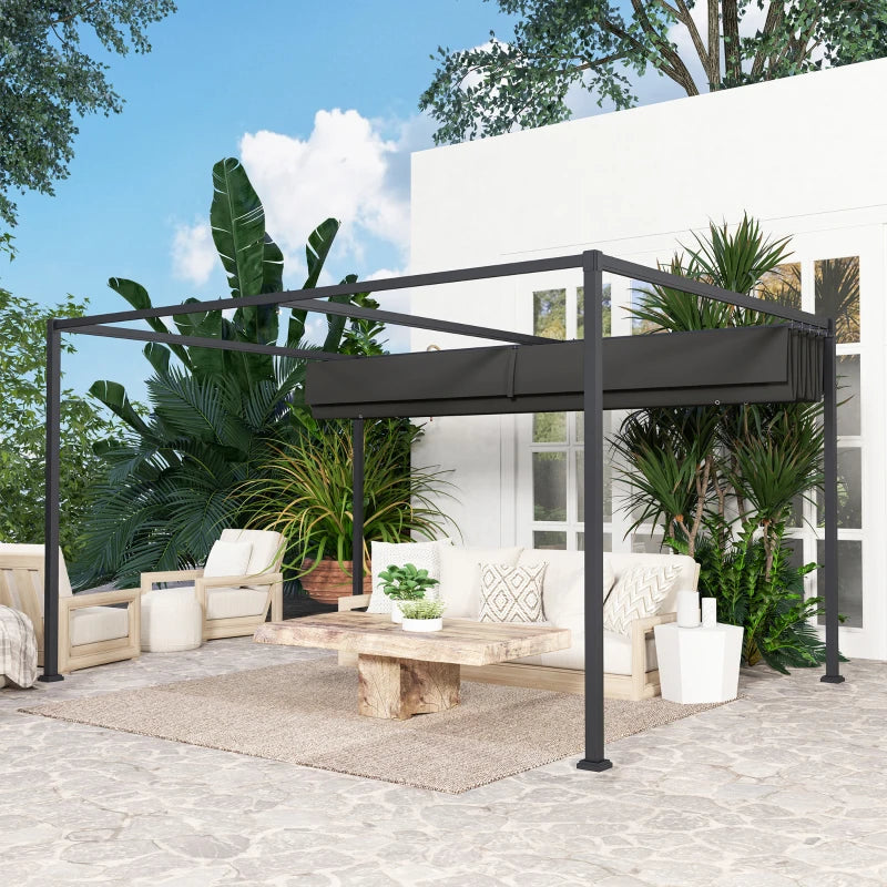 4m x 3m Black Metal Pergola with Retractable Canopy Roof