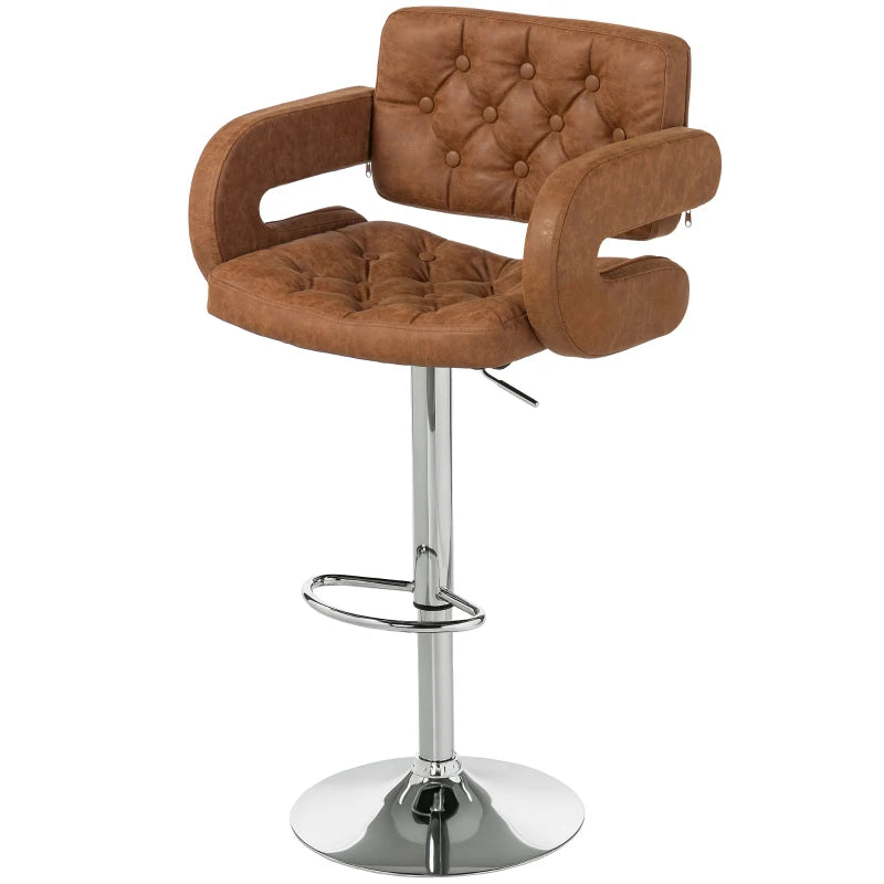 Adjustable PU Leather Swivel Bar Stool with Backrest, Armrests & Footrest - Brown Upholstered Height-Adjustable Seating