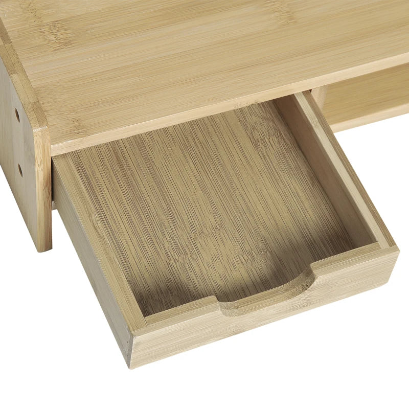 Bamboo Monitor Riser Stand with Drawer - Laptop PC Plinth Organizer for Desktop & TV - Stylish & Functional