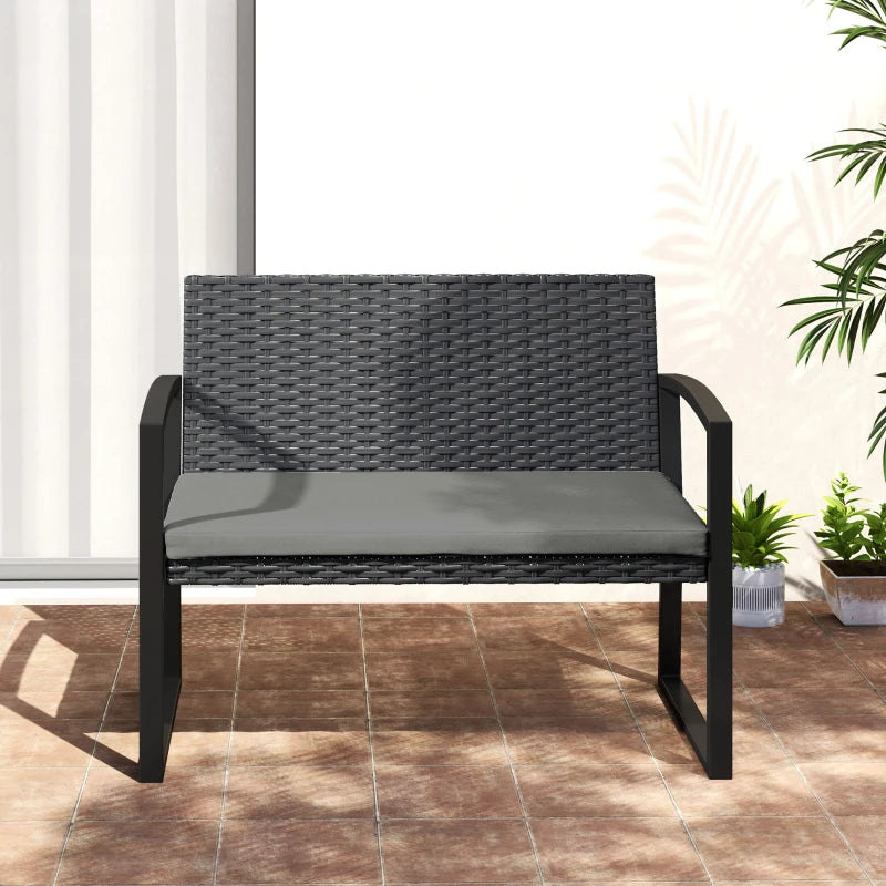 Two-Seater Rattan Garden Bench - Grey and Black Outdoor Seating