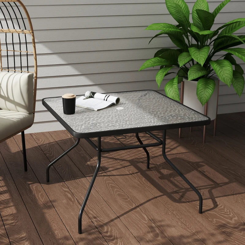Square Garden Dining Table with Tempered Glass Top & Umbrella Hole - 100x100 cm Outdoor Furniture
