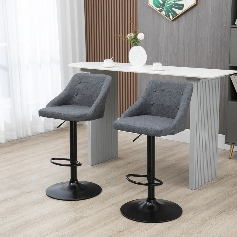Modern Adjustable Bar Stools Set of 2 - Swivel Fabric Barstools with Footrest, Armrests & Back for Kitchen & Dining - Dark Grey