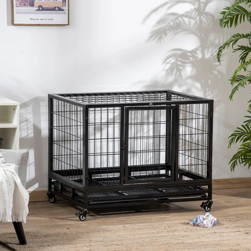 36" Heavy Duty Metal Dog Crate with Tray & Wheels - Black Medium Pet Kennel for Dogs