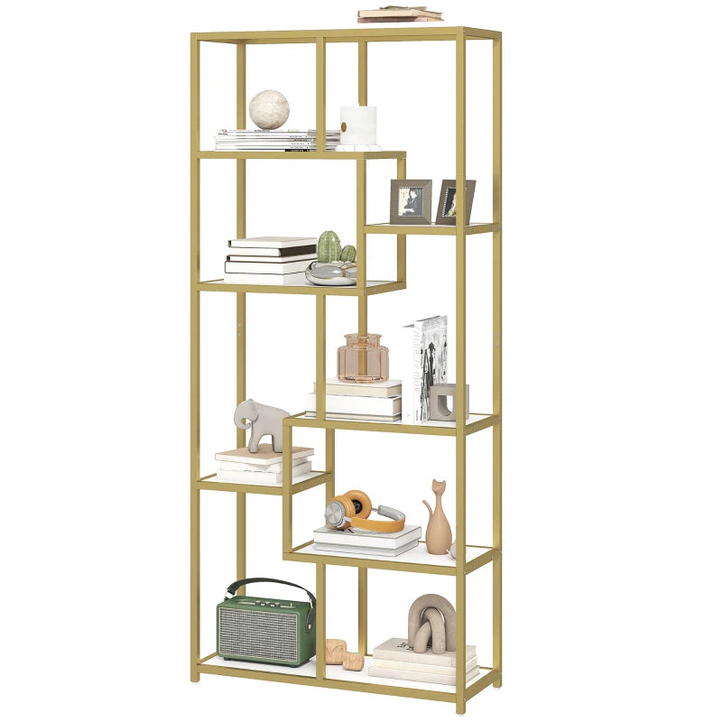 Unique Seven-Tier Geometric Bookcase in White and Gold Tone - Stylish Storage Solution for Modern Home Decor
