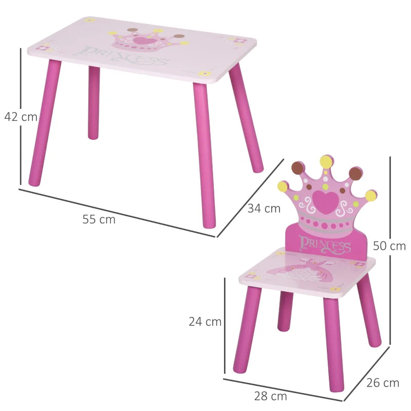 3-Piece Kids Table and Chair Set - Princess & Crown Theme - Pink Home Furniture Gift for Ages 2-4