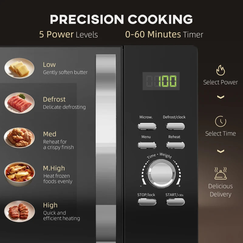 Compact 800W Black Microwave Oven - Digital Solo, 5 Power Levels, 8 Auto Cook Menus, 60 Min Timer, Easy Clean