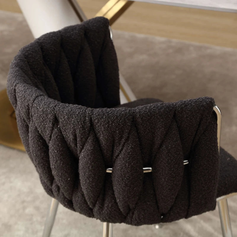 Set of 2 Modern Boucle Upholstered Dining Chairs with Silver Legs & Armrests - Stylish Living Room Seating, Black, 54x52x73 cm