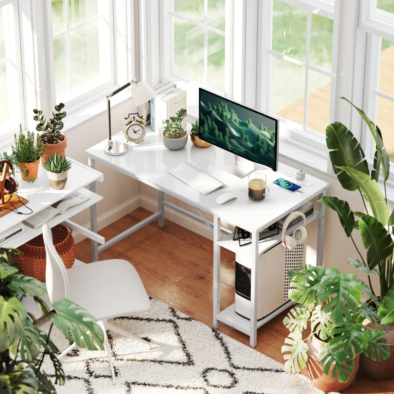 Modern White Computer Desk with Power Sockets - Stylish Home Office Furniture for Productivity and Convenience