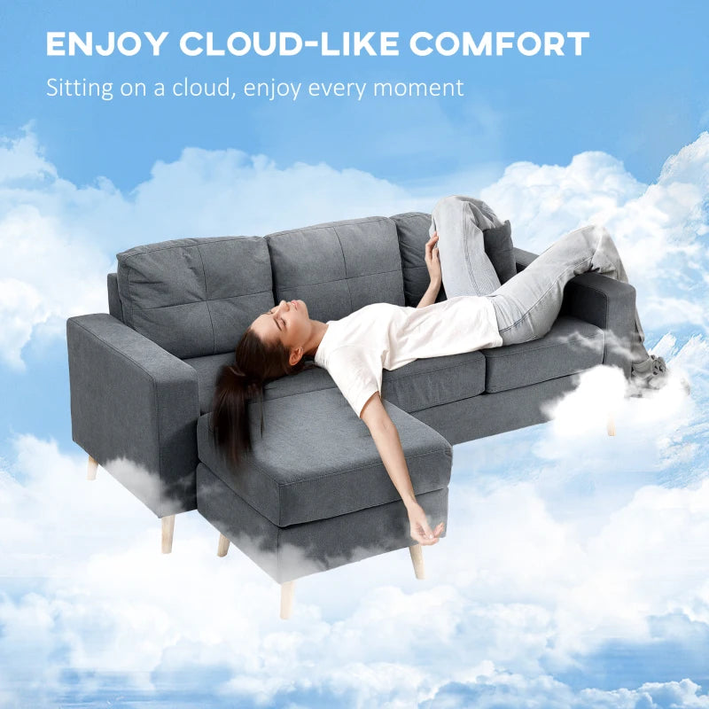 L-Shaped 3 Seater Sofa with Footstool - Fabric Sectional Couch for Small Spaces, Dark Grey, Ideal for Living Room or Office