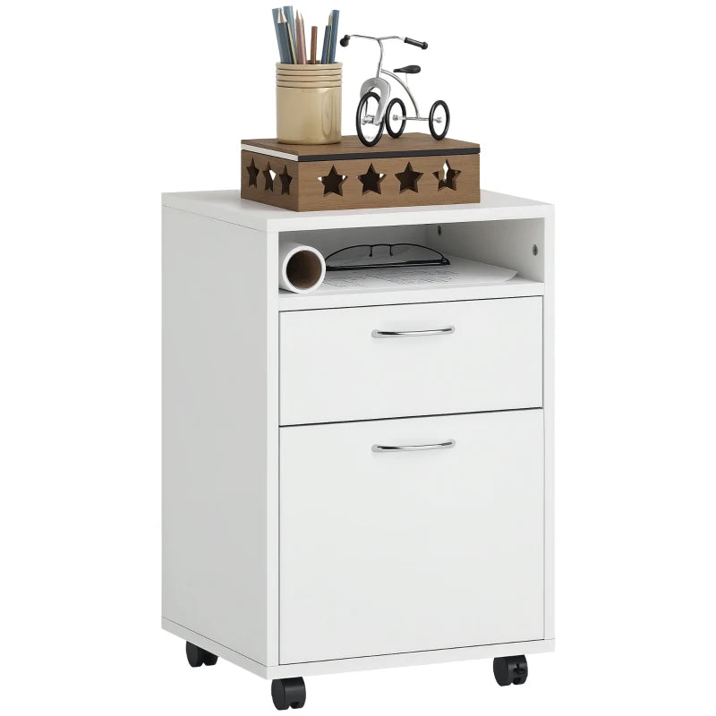 60cm Mobile Filing Cabinet with Drawer & Open Shelf, 4 Wheels, Metal Handles - White Office Home Organizer for Printers