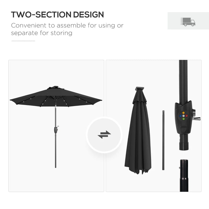 Black Solar LED Garden Parasol with Tilt Function - 2.7m