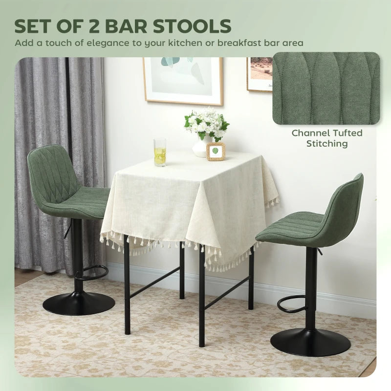 Adjustable Green Linen Breakfast Bar Stools Set of 2 | 60-80cm Height | Stylish & Comfortable Seating
