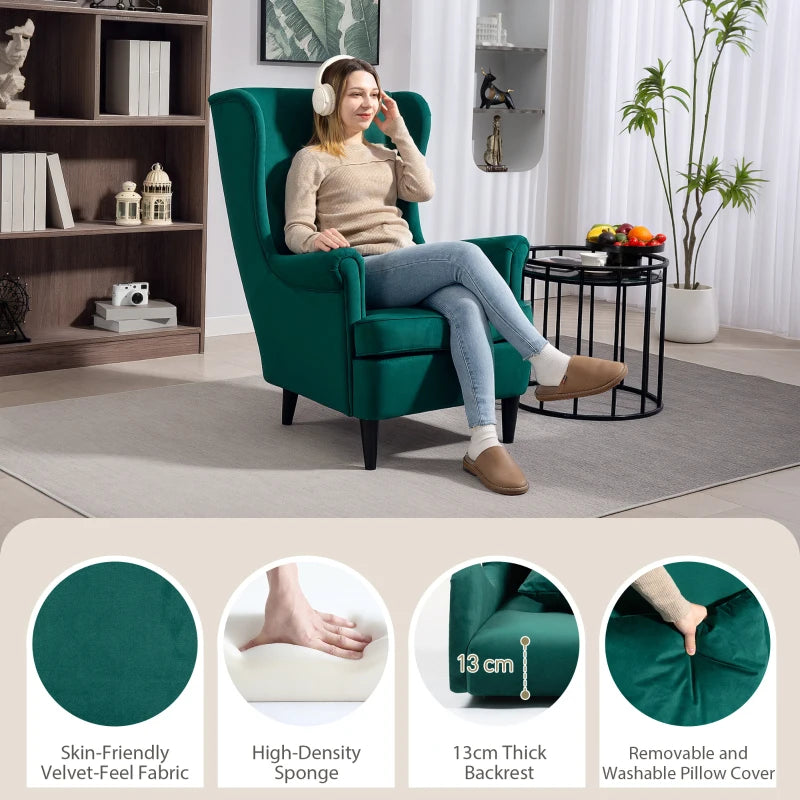Stylish Upholstered Wingback Armchair with High Backrest and Pillow for Living Room or Bedroom, Dark Green Velvet
