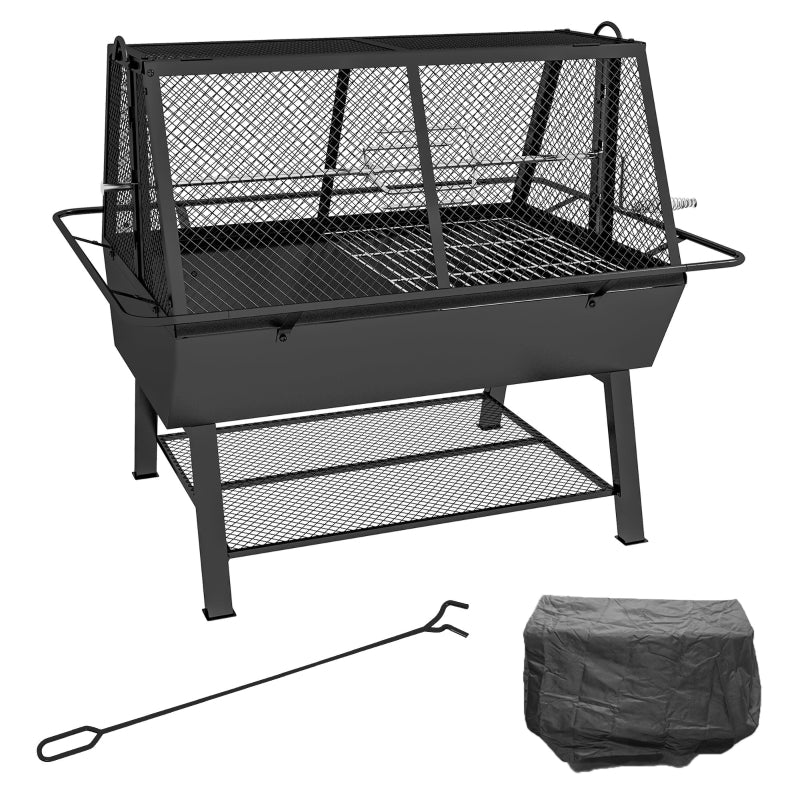 3-in-1 BBQ Grill, Rotisserie Roaster, Fire Pit Set with Cover - Black